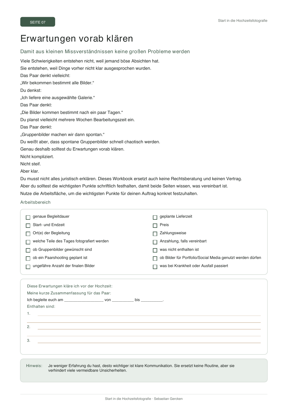 Workbook Seite mit Hochzeitsfotografie Inhalten