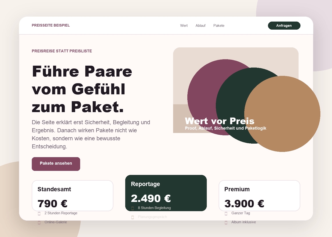 Beispielhafte Online-Preisseite fuer Hochzeitsfotografie